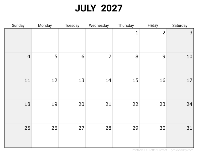 Free Printable July 2027 Monthly Calendar