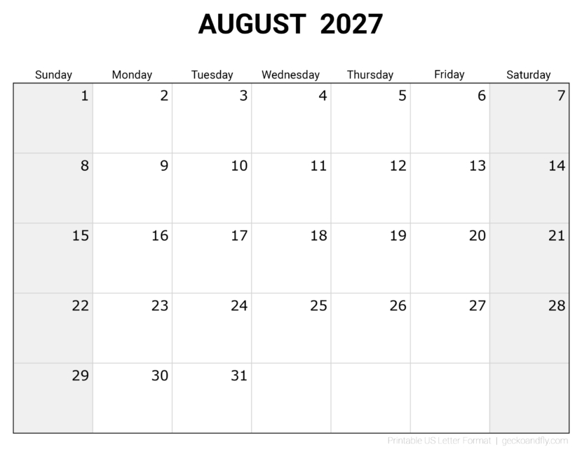 Free Printable August 2027 Monthly Calendar