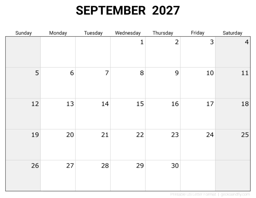 Free Printable September 2027 Monthly Calendar