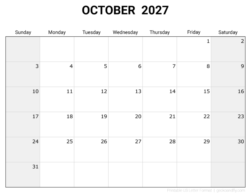 Free Printable October 2027 Monthly Calendar