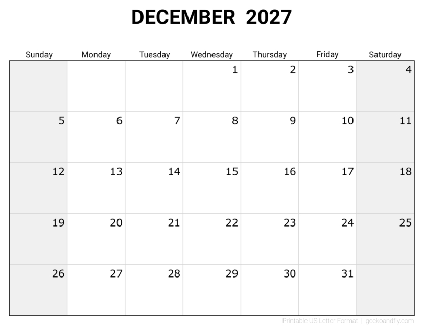 Free Printable December 2027 Monthly Calendar
