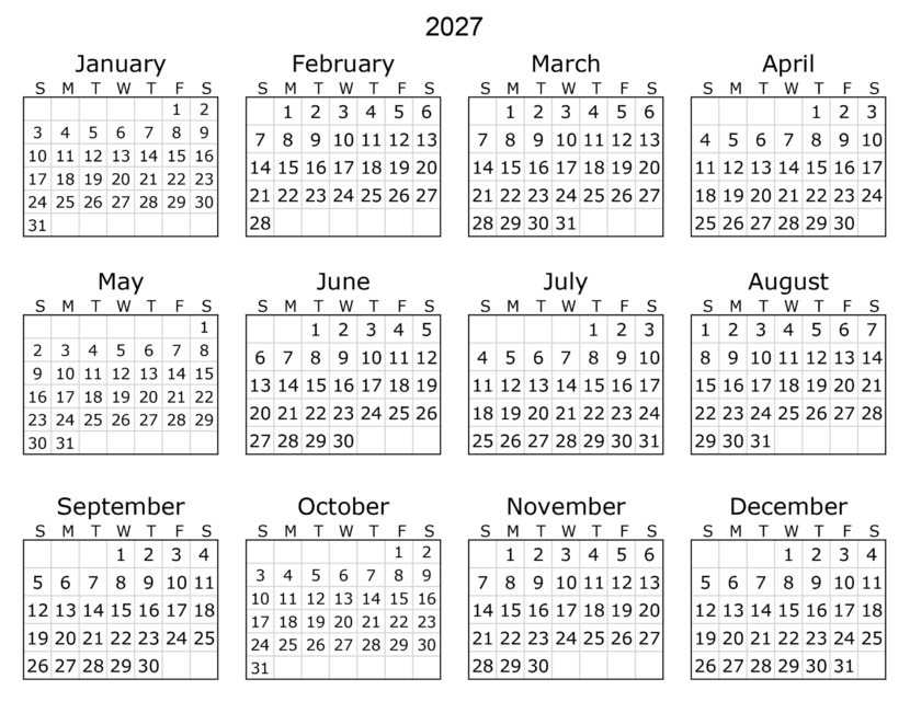 Free Printable 2027 Monthly Calendar